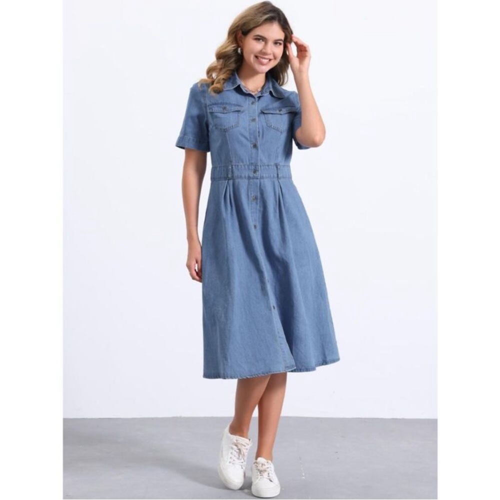 INSPIRE CHIC Women's Collared Short Sleeve A-Line Button Up Midi Denim Dres